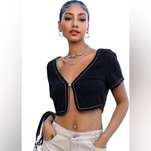 Dazy V-Neck Button Front Ribbed Crop Top